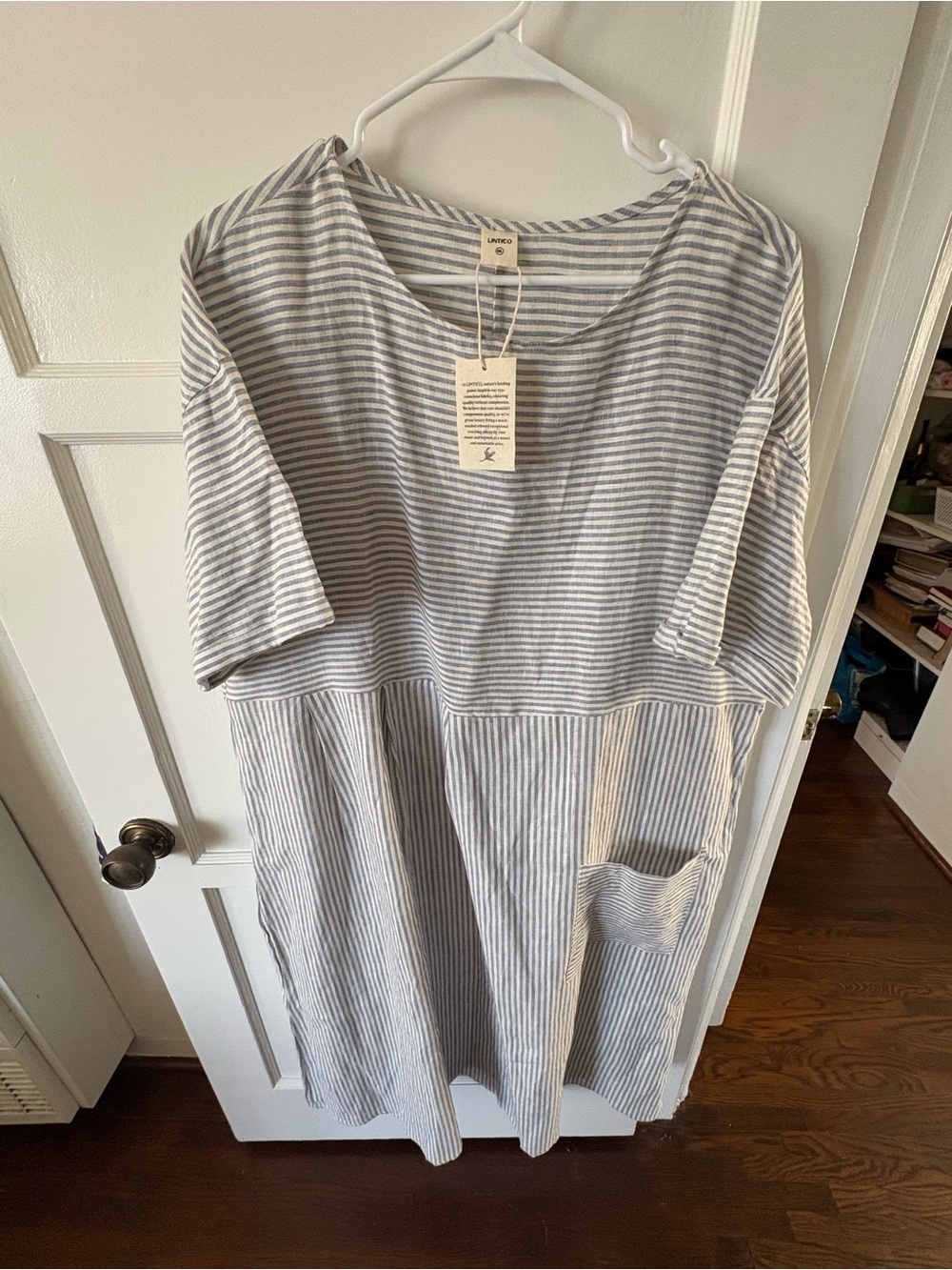 LINNED Striped Maxi Dress in Light Blue and White